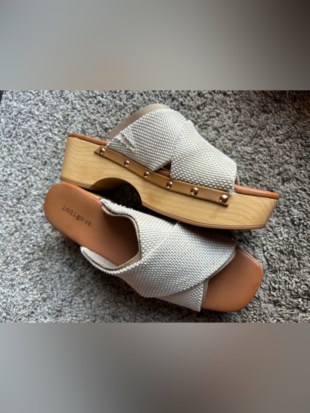 Indigo Cream Woven Platform Slide Clogs with Gold Stud Trim